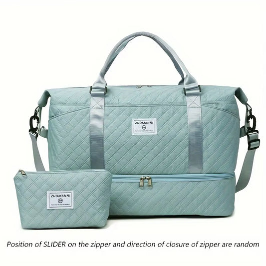 2Pcs Set Large Capacity Travel Duffel Bag with Shoe Compartment and Cosmetic Pouch, Casual Nylon Gym Bag, Weekend Overnight Bag