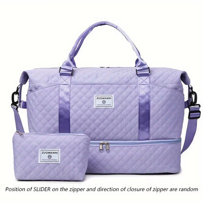 2Pcs Set Large Capacity Travel Duffel Bag with Shoe Compartment and Cosmetic Pouch, Casual Nylon Gym Bag, Weekend Overnight Bag